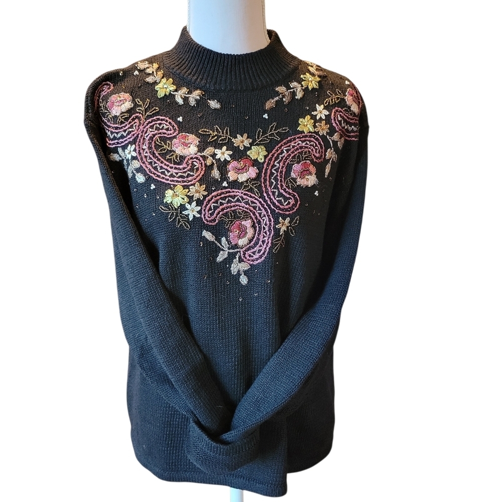 Vintage Heirloom Collectibles Black Long Sleeve Knit Beaded Embroidered Sweater